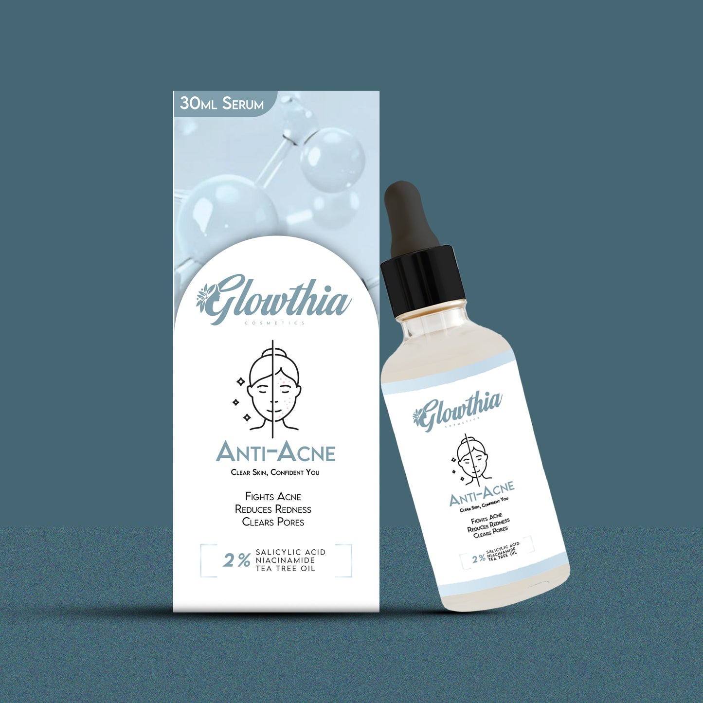 Glowthia Anti-Acne Face Serum – 30ml | 2% Salicylic Acid, Niacinamide & Tea Tree Oil for Acne, Redness & Pore Care